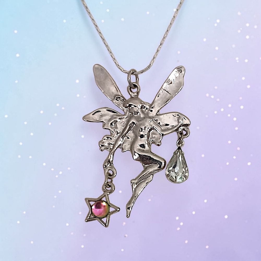Vintage Large‎ Fairy Pendant Necklace Dangle Crystals Pixie Tinkerbell Ethereal